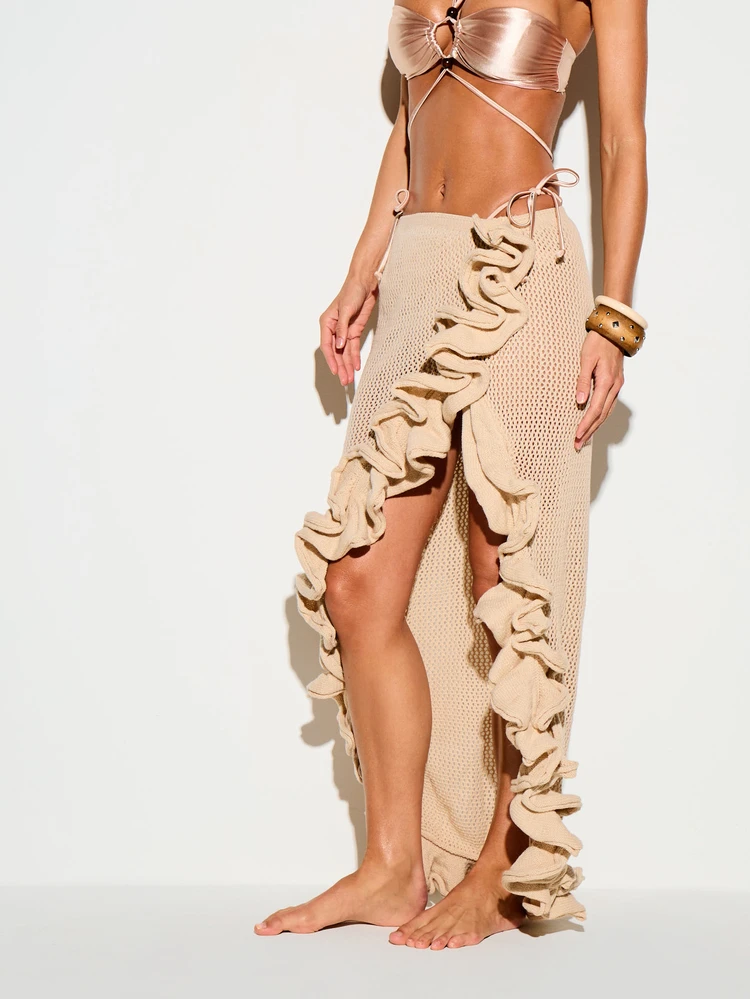 Ruffle Knit Mesh Maxi Skirt With Front Split