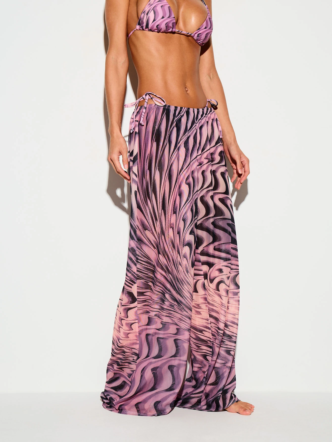 Wide Leg Mesh Trousers With Swirl Print