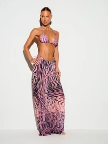 KIZN Retro Swirl Print Triangle Bikini Set With Halter Neck And Side Tie Bottoms For Beach Summer - Multicolor - View 4