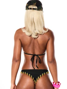 SUMWON WOMEN Halter Neck Triangle Bralette Bikini Set With Contrast Yellow Lace-Up Grommet Detail Summer Beach Swimwear - Black - View 3
