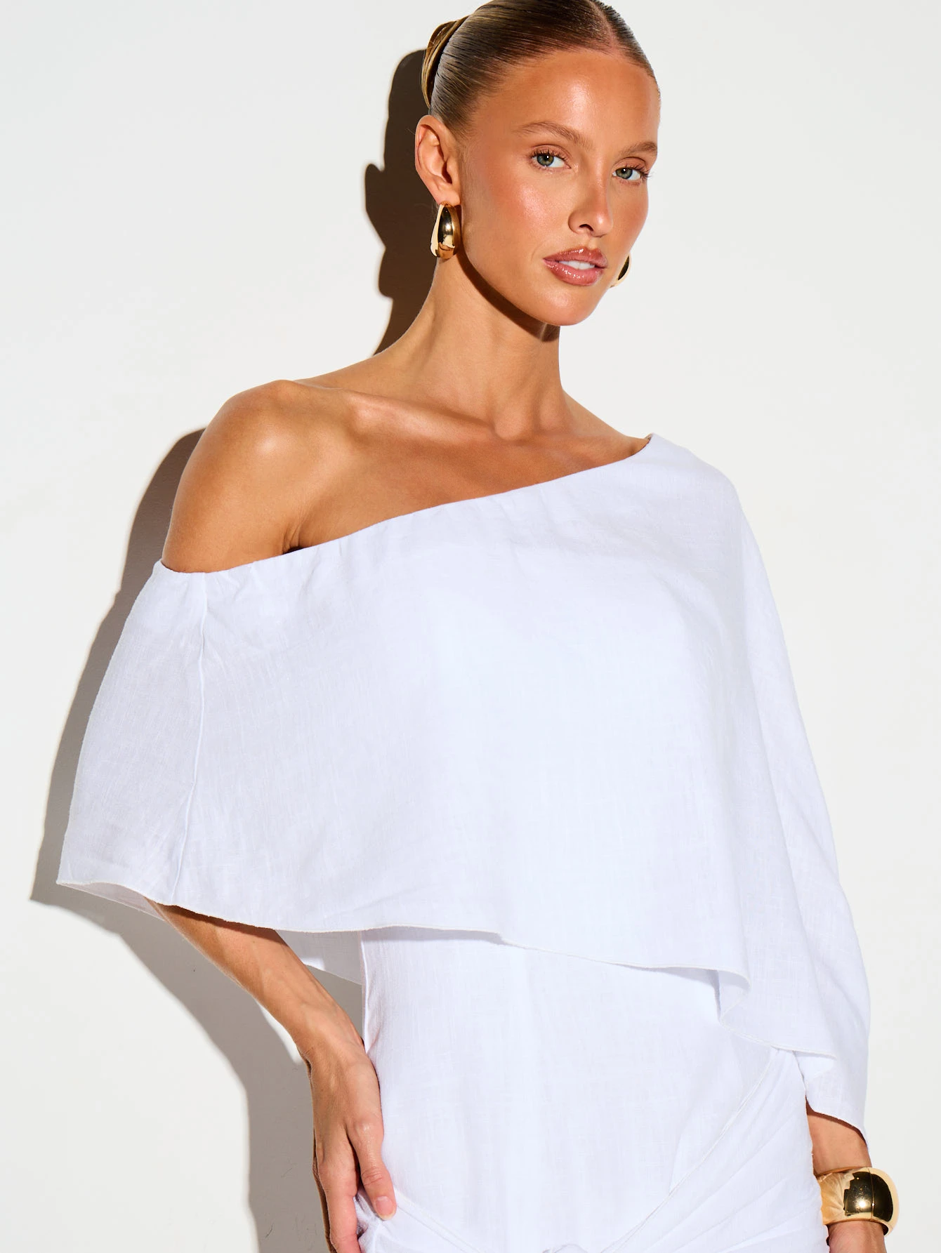 Off-Shoulder Linen Cape Dress With Ruched Tie-Front