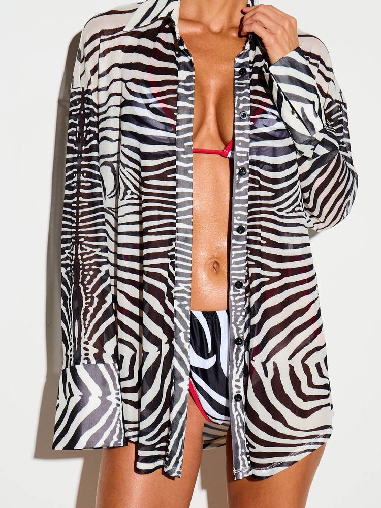 Zebra Print Mesh Shirt With Button Front