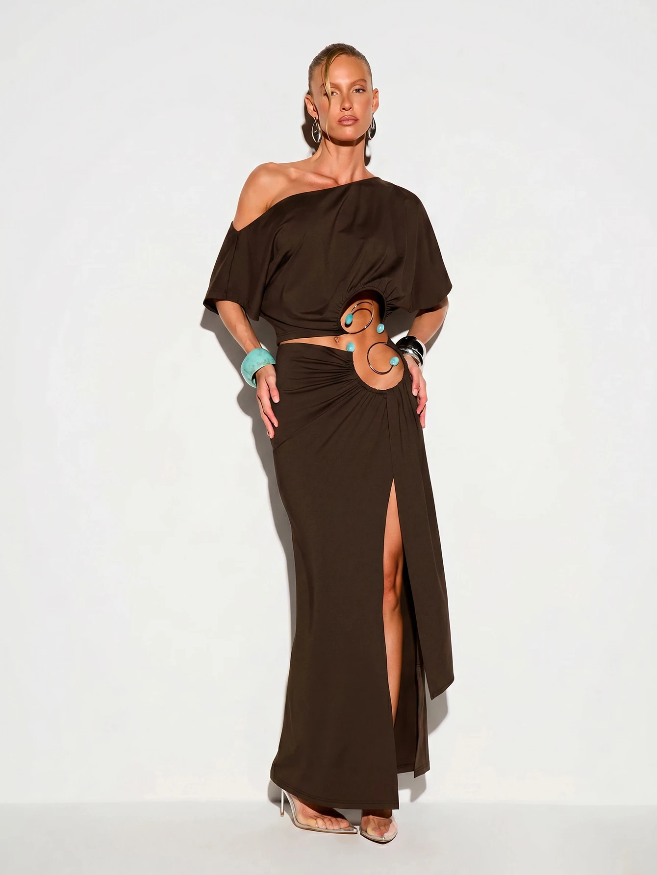 Off-Shoulder Batwing T-Shirt With Swirl Cut-Out Trim