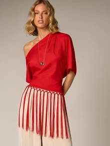 AiiRZ Asymmetric One-Shoulder Top With Macrame Fringe Hem, Draped Silhouette, Party Festival Summer - Red - View 6