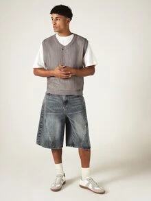 SUMWON Oversized Crochet V-Neck Sweater Vest Sleeveless Open Knit Tank Layering Piece Spring Summer - Grey - View 5