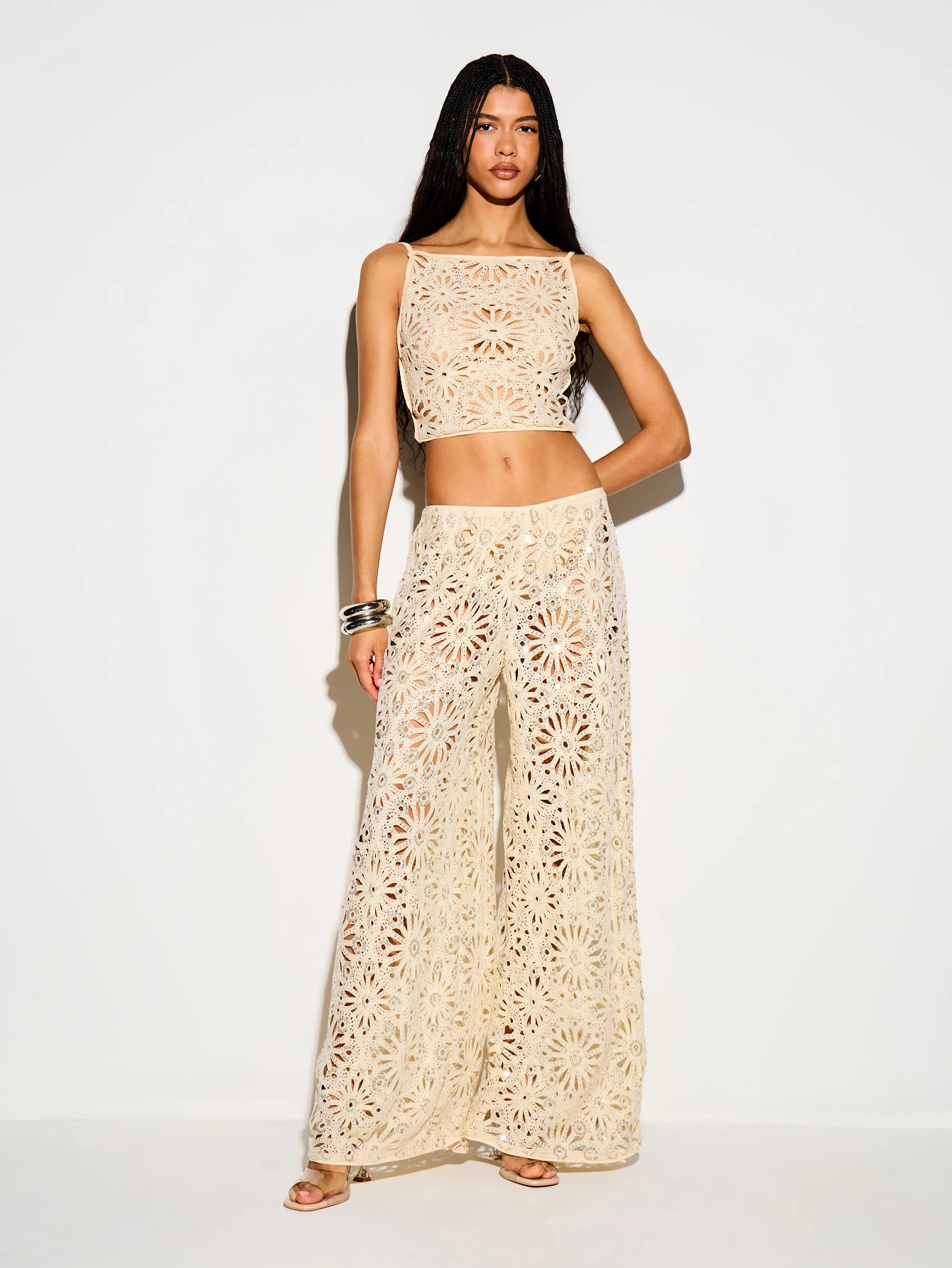 Sequin Crochet Wide Leg Trousers With Floral Cutout