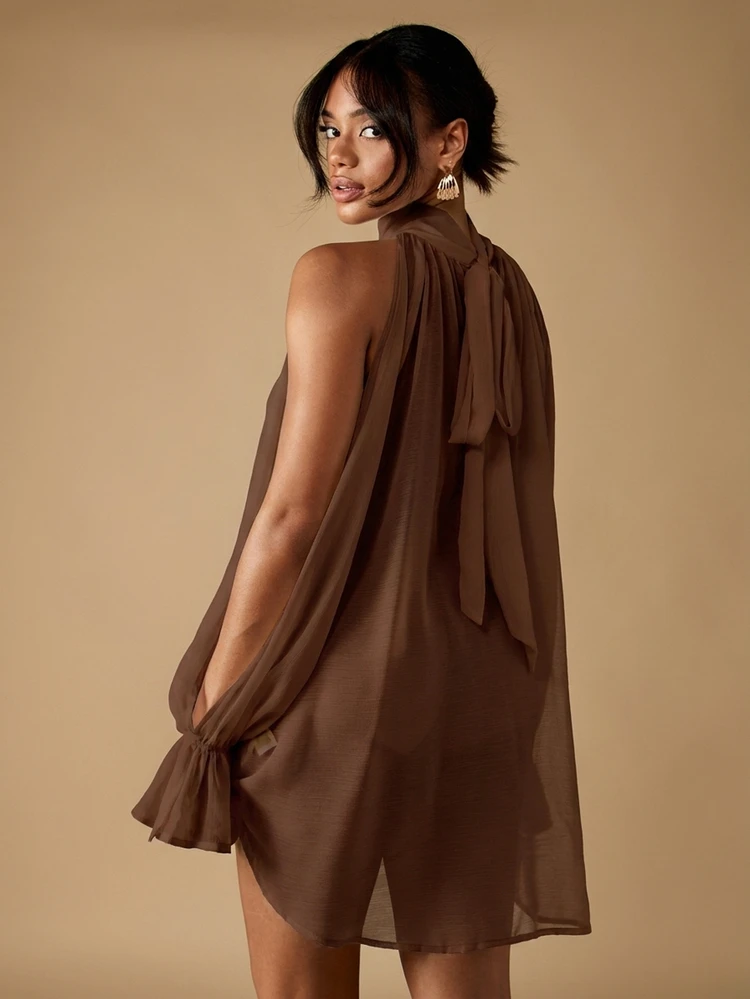 MISSGUIDED Halter Neck Chiffon Blouse Sheer Flowy Open Back Tie Closure Ruffle Hem Sleeveless Top