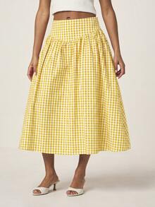 MISSGUIDED Gingham Check Midi Skirt With High Waist Shaped Waistband And Full Volume Pleated A-Line Silhouette Summer Swing Skirt - Yellow - View 3