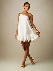 MISSGUIDED Eyelet Embroidered One-Shoulder Mini Dress With Ruffle Hem And Scalloped Edge Summer Beach - White - View 3