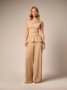 AiiRZ Textured Peplum Sleeveless Top And Wide Leg Trouser Co-Ord Set Summer Two-Piece Matching Outfit - Khaki - View 1