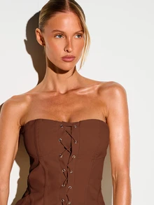KIZN Strapless Lace-Up Corset Top With Boning Detail And Side Zipper Closure For Night Out - Brown - View 5