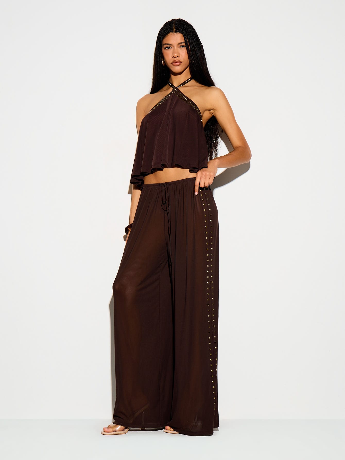 Wide Leg Trouser With Gold Stud Side Detail