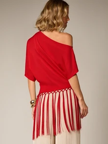 AiiRZ Asymmetric One-Shoulder Top With Macrame Fringe Hem, Draped Silhouette, Party Festival Summer - Red - View 3
