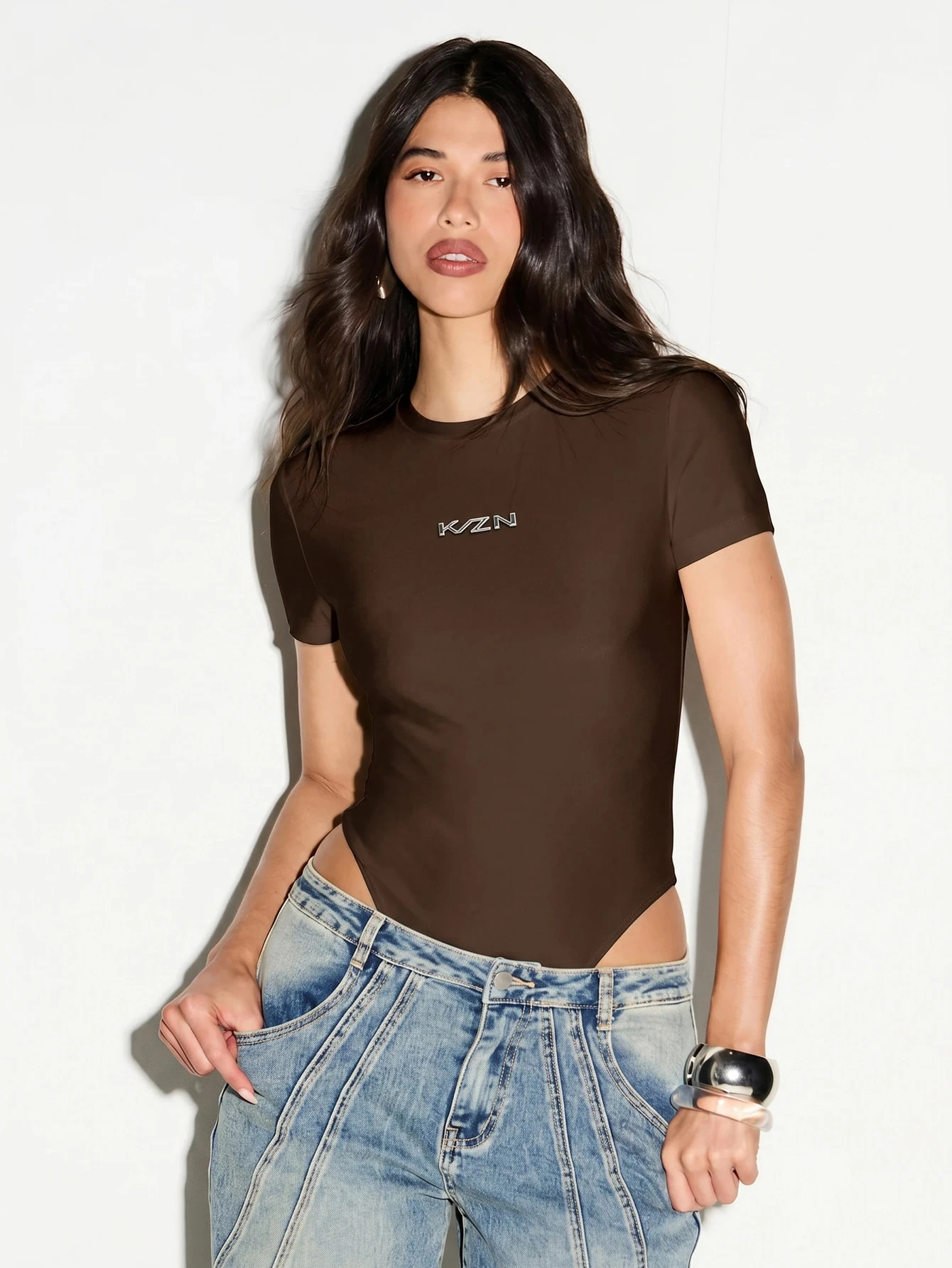 Fitted Short Sleeve Bodysuit With Crew Neck