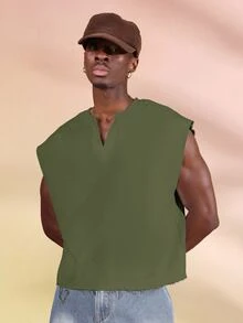 SUMWON Mens Oversized Crop Tank Top V-Neck Sleeveless Casual Summer Street Style Vest - Army Green - View 1