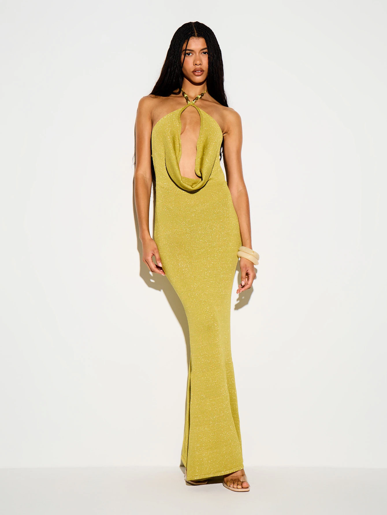 Metallic Knit Cowl Neck Mermaid Maxi Dress