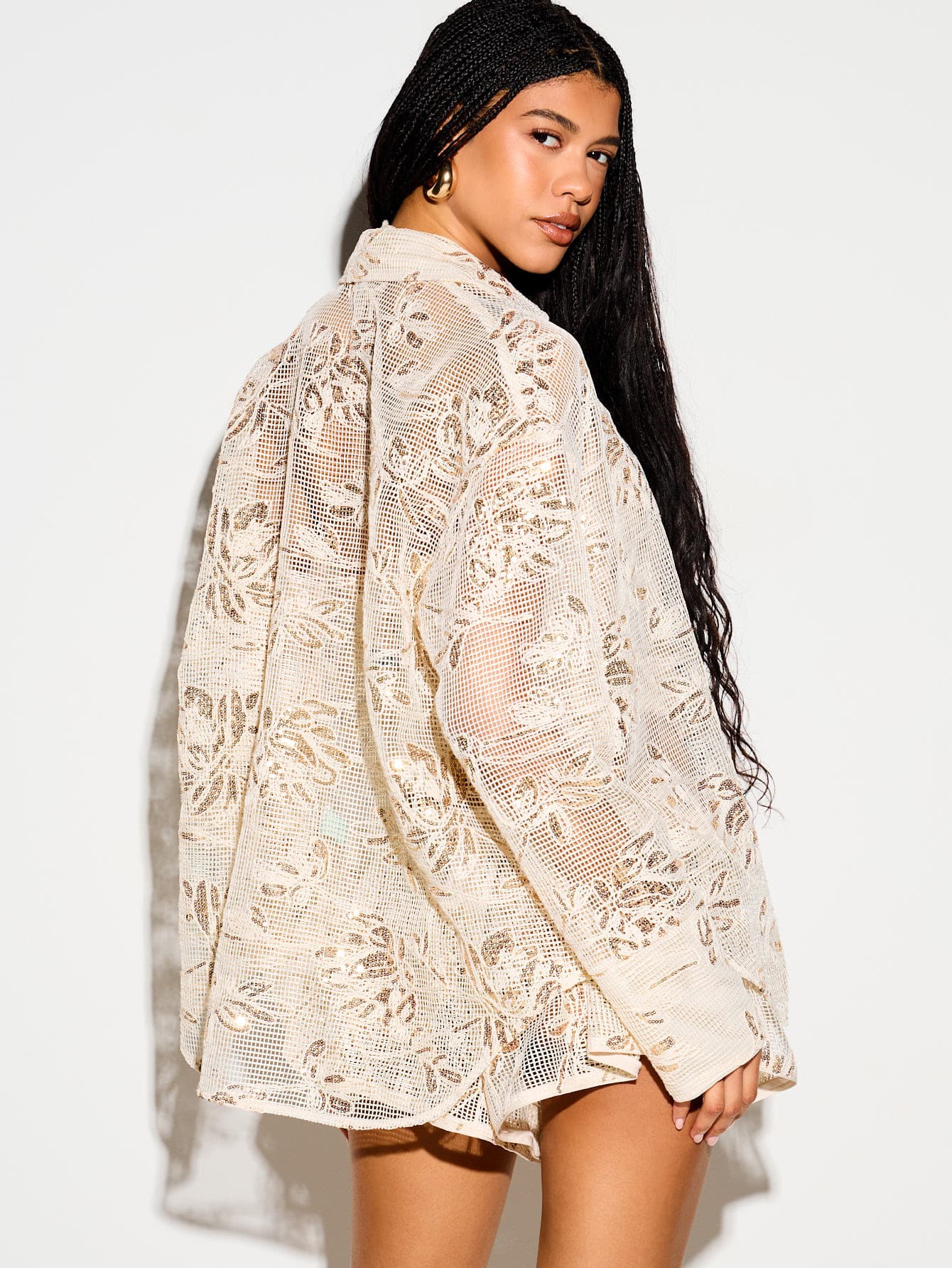 Sequin Floral Crochet Oversized Button-Up Shirt