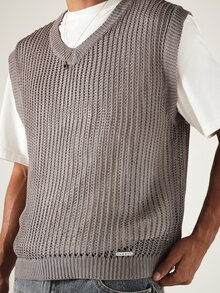 SUMWON Oversized Crochet V-Neck Sweater Vest Sleeveless Open Knit Tank Layering Piece Spring Summer - Grey - View 6