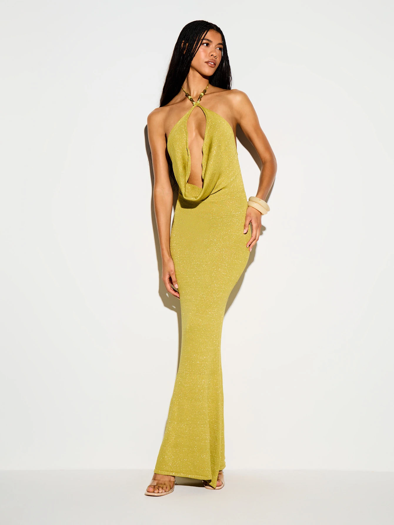 Metallic Knit Cowl Neck Mermaid Maxi Dress