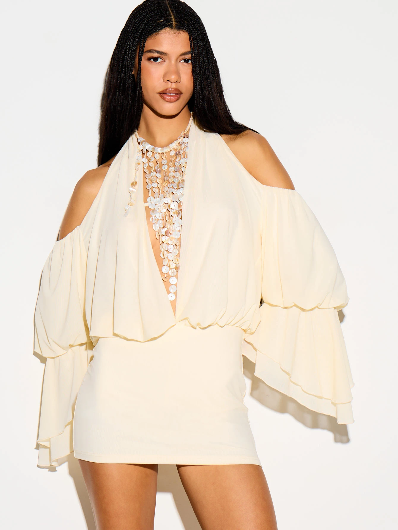 Plunge Halter Neck Mini Dress With Frill Sleeves