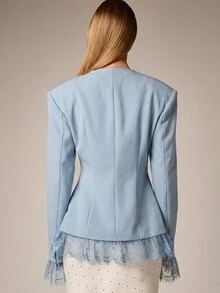 AiiRZ Elegant Lace Hem Collarless Blazer With Deep V-Neck Structured Shoulders And Bell Sleeves For Special Occasions - Blue - View 2