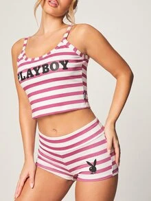 Missguided x Playboy 條紋細肩帶短版上衣與翻腰臀部短褲兩件套 夏日音樂節套裝 - 粉色 - 查看 5