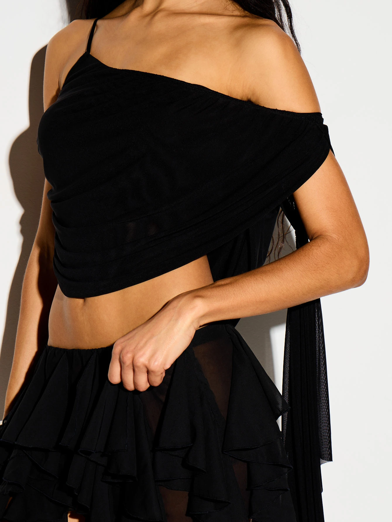 Off-Shoulder Draped Crop Blouse With Spaghetti Strap