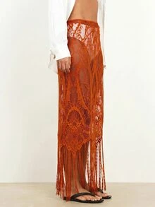 KSTM Sheer Lace Fringe Maxi Skirt With Floral Embroidery Boho Festival Beach Cover-Up - Red - View 5