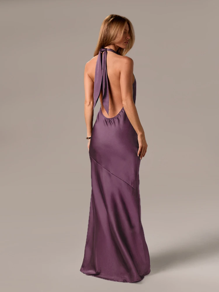 Satin Halter Neck Maxi Dress With Open Back