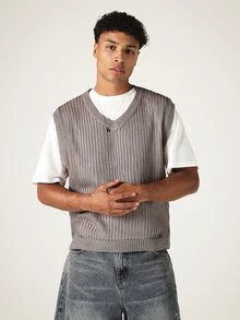 SUMWON Oversized Crochet V-Neck Sweater Vest Sleeveless Open Knit Tank Layering Piece Spring Summer - Grey - View 1