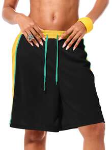 SUMWON WOMEN Contrast Side Panel Bermuda Shorts With Color Block Design, Drawstring Waist, And Logo Graphic Detail - Black - View 6