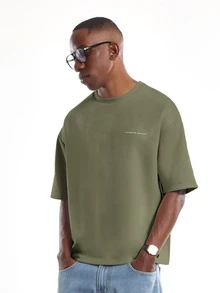 SUMWON Regular Esntls Oversized Suede T-Shirt Crew Neck Drop Shoulder Short Sleeve Casual Premium Everyday Tee - Army Green - View 5
