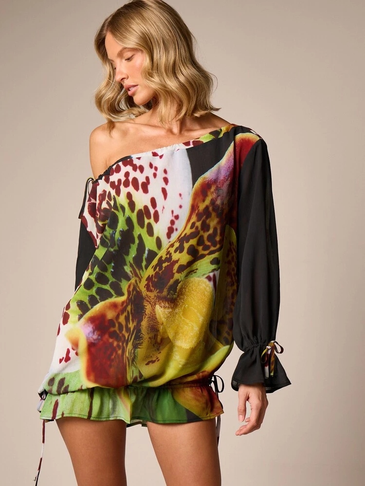 Off-Shoulder Floral Print Mini Dress With Puff Sleeves