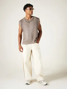 SUMWON Oversized Crochet Knit Sweater Vest Crew Neck Sleeveless Open Weave Summer Layering Top - Apricot - View 4