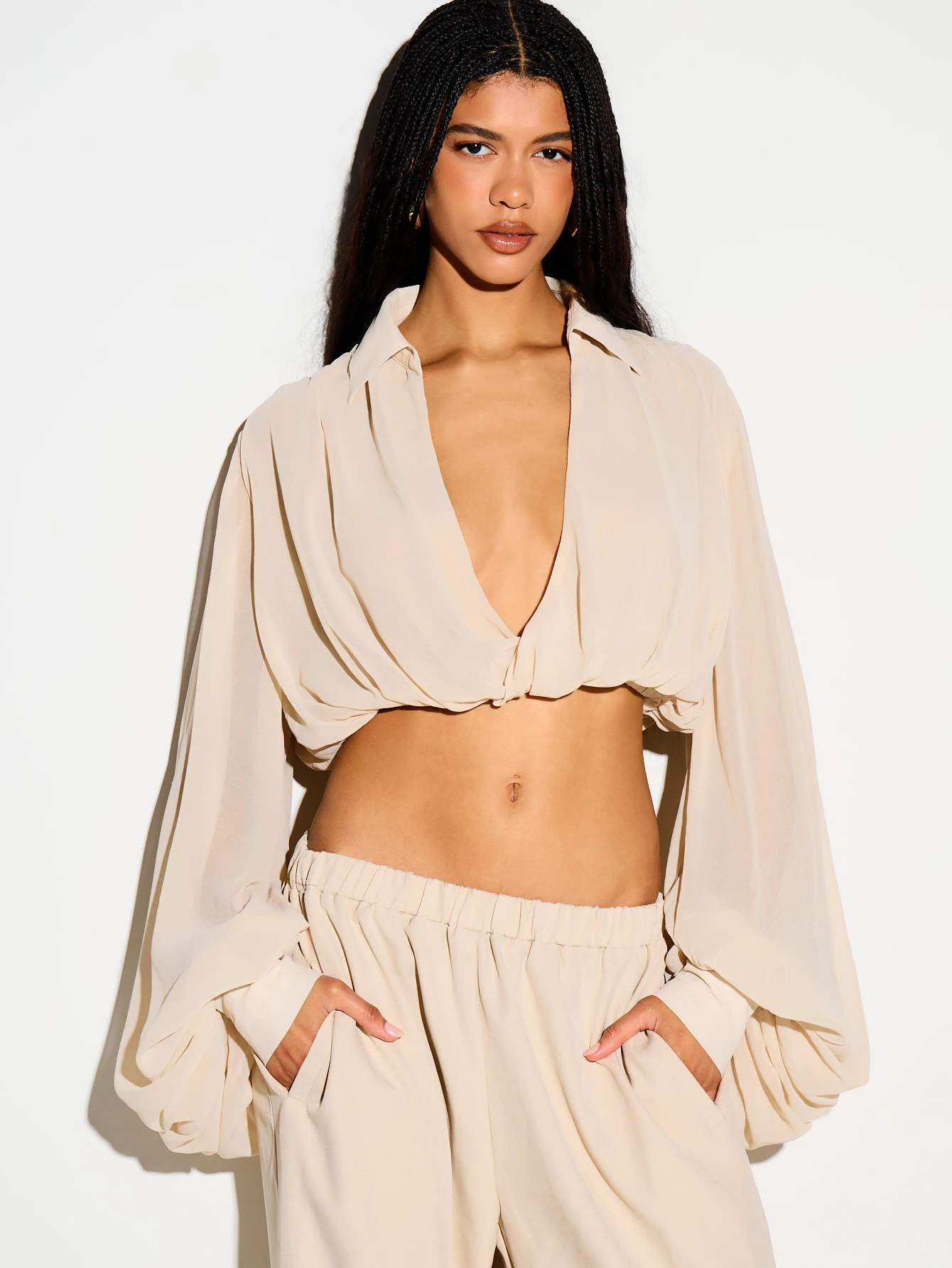 Wrap Front Crop Blouse With Balloon Sleeves