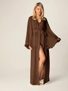 MISSGUIDED Bata larga transparente con puños con volantes y cinturón de amarre, kimono de longitud maxi con frente abierto - Marrón - Ver 3