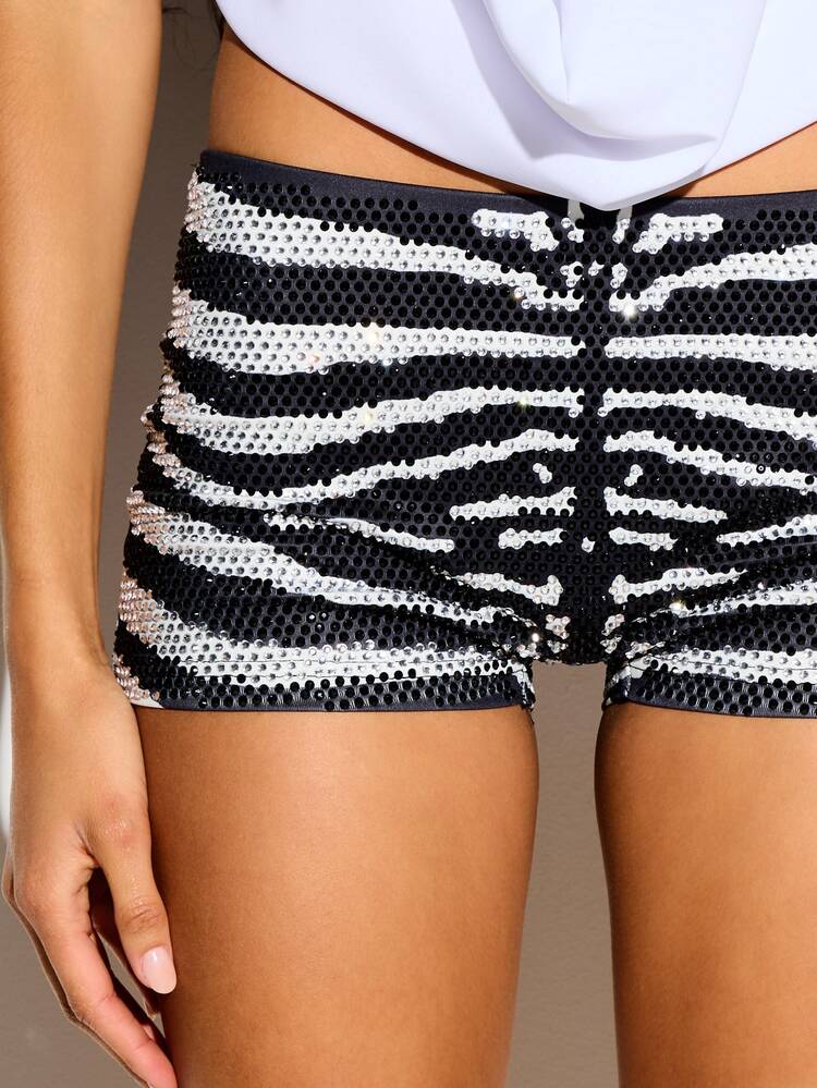 Sequin Zebra Print Mini Hot Pants With Ruching