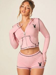 Missguided x Playboy 兩件式對比縫線拉鍊短版連帽衫與翹臀短褲套裝 - 粉色 - 查看 1