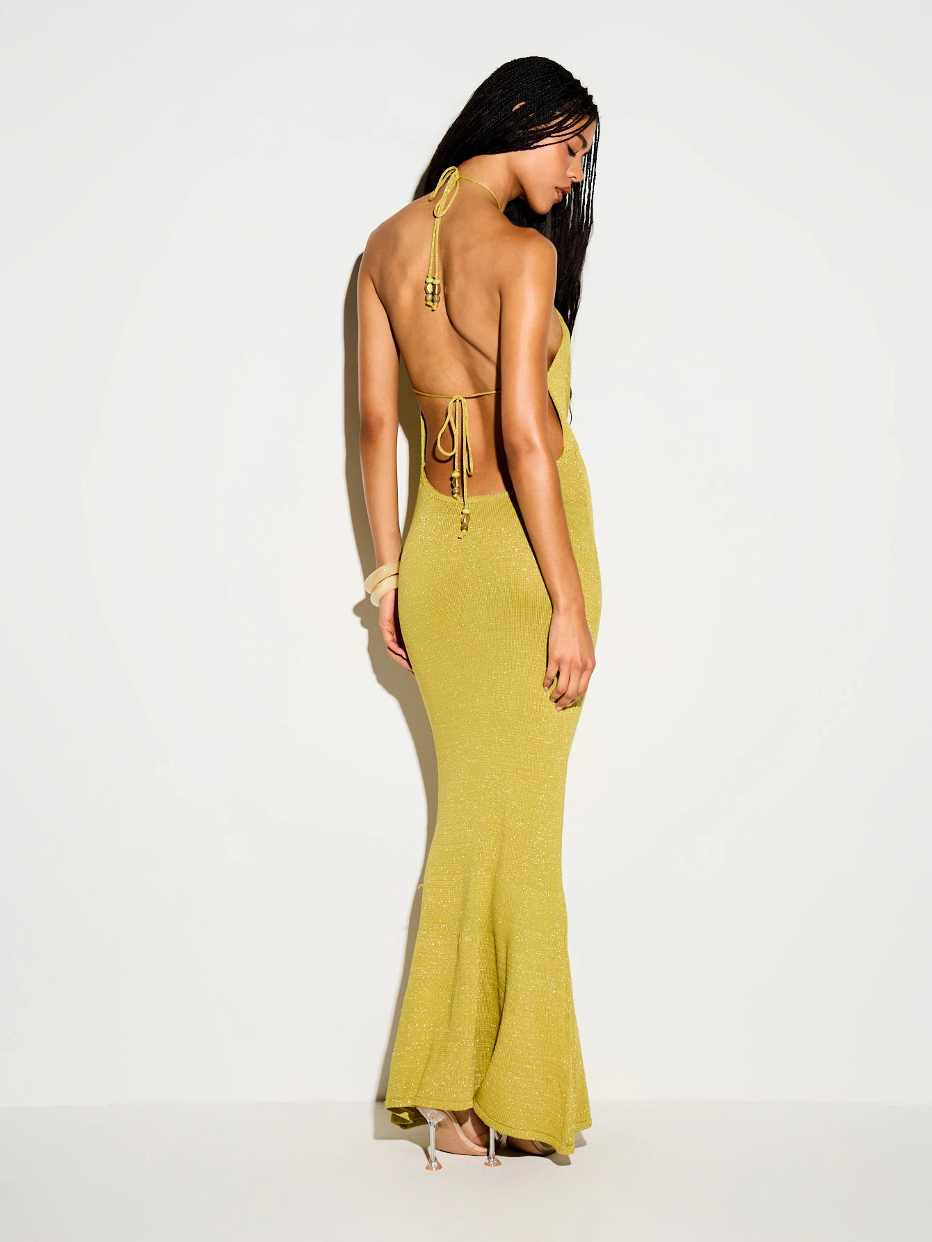 Metallic Knit Cowl Neck Mermaid Maxi Dress