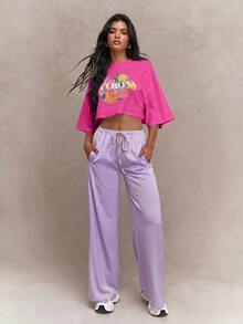 MISSGUIDED Kaos Crop Oversized dengan Motif Bunga Jeruk French Riviera dan Leher Bulat Lengan Pendek, Atasan Musim Panas - Hot Pink - View 4