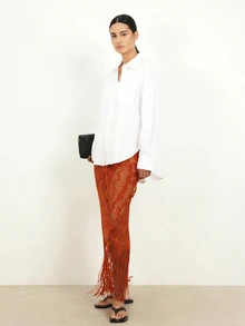 KSTM Sheer Lace Fringe Maxi Skirt With Floral Embroidery Boho Festival Beach Cover-Up - Red - View 6