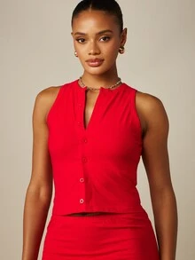 MISSGUIDED Sleeveless Button-Front Crop Top And Maxi Skirt Co-Ord Set Summer Party Two-Piece Outfit - Red - View 5