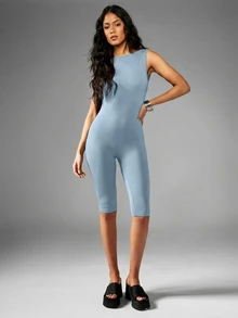 MISSGUIDED Sleeveless Capri Jumpsuit With High Neck And Open Back Bodycon Fit Spring Summer One-Piece Everyday Work Dusty Blue Casual Active - Blue - View 5