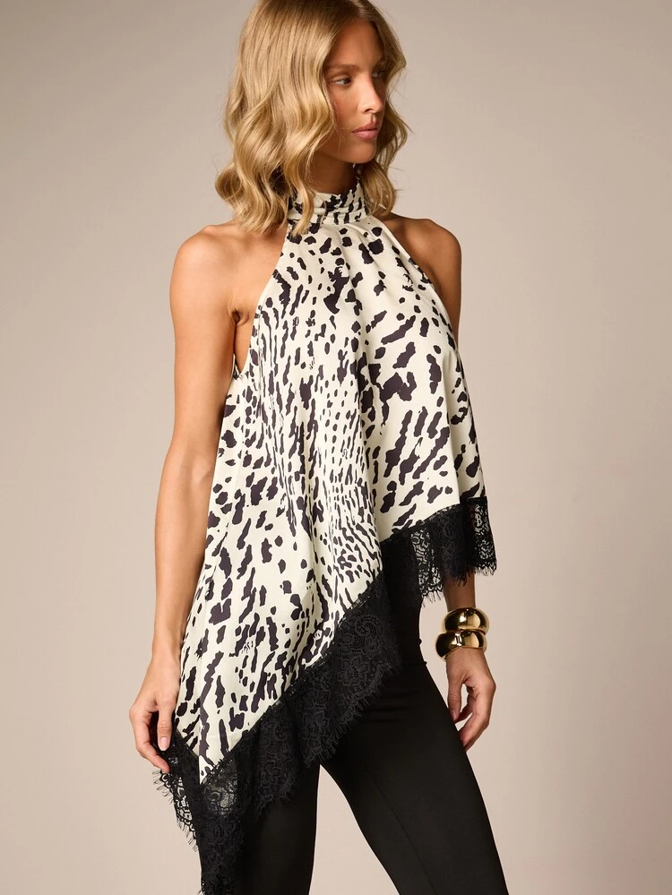 Animal Print Halter Neck Top With Lace Trim
