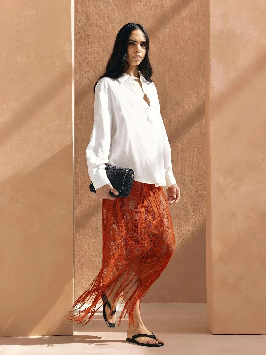 KSTM Sheer Lace Fringe Maxi Skirt With Floral Embroidery Boho Festival Beach Cover-Up - Red - View 1