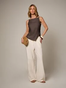 AiiRZ Asymmetric Hem Linen Feel Cami Top Square Neck Spaghetti Strap Summer Elegant Tank Top - Brown - View 5