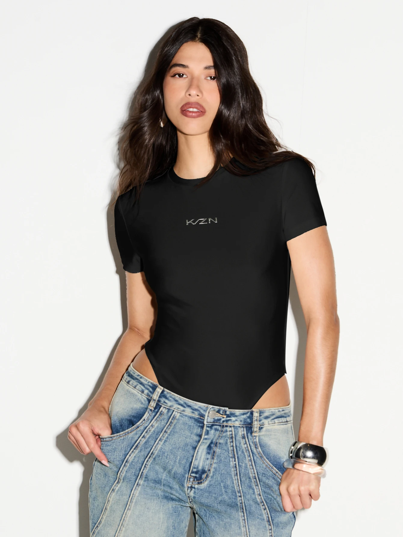 Short Sleeve Crew Neck Bodysuit With Logo Detail