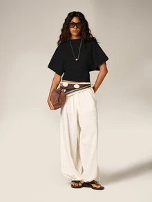 AiiRZ Ruched Cinched Crop T-Shirt With Short Flutter Sleeves And Fitted Waistband Casual Summer Top - Black - View 3