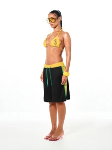 SUMWON WOMEN Contrast Side Panel Bermuda Shorts With Color Block Design, Drawstring Waist, And Logo Graphic Detail - Black - View 5