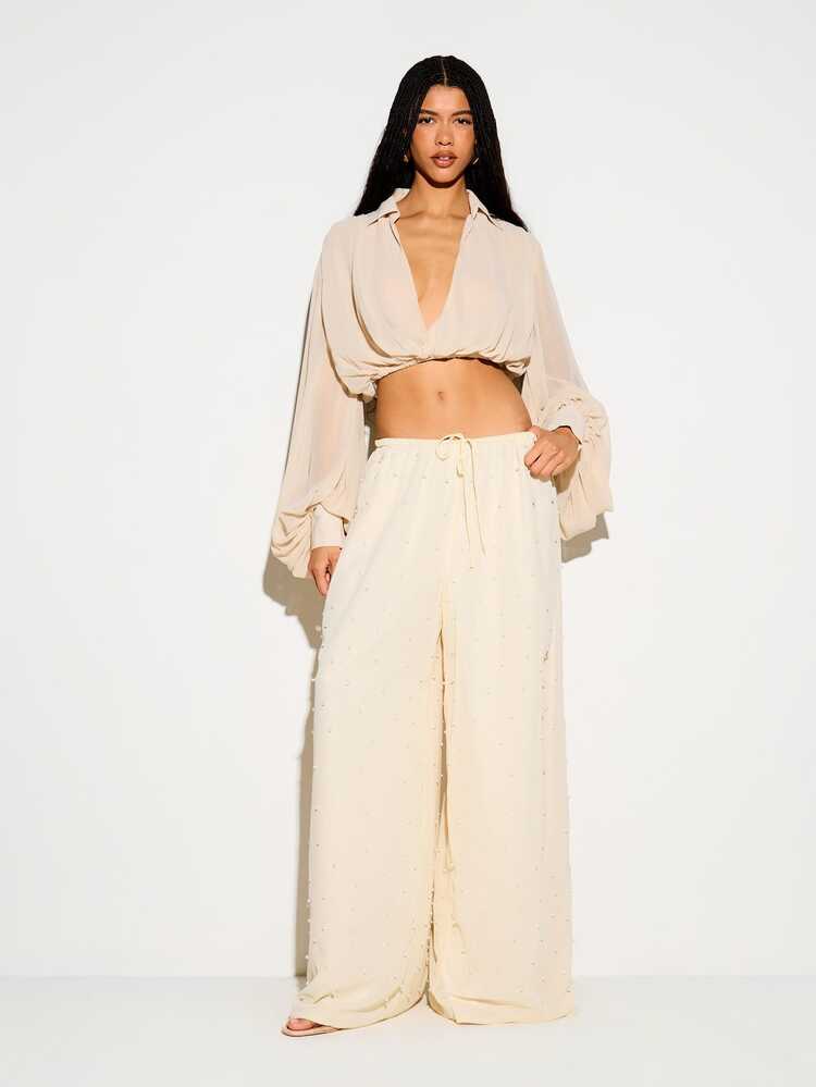 Pearl Embellished Chiffon Wide Leg Trousers With Drawstring Waist